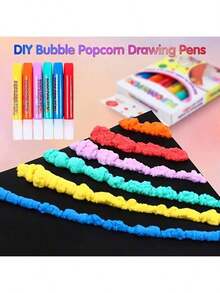 6pcs Set: Bubble Pen, Popcorn Pen, Stress Relief Fun Watercolor Pen, Art Bubble Brush, 3D Bubble Pen, DIY Greeting Card With 3D Magic Doodle, Watercolor Pen, Cotton Pen, Watercolor Pen. Children's DIY Bubble Effect. Office And Home Use. Back To School Season. Easter Gift. - Popcorn Pen - View 6