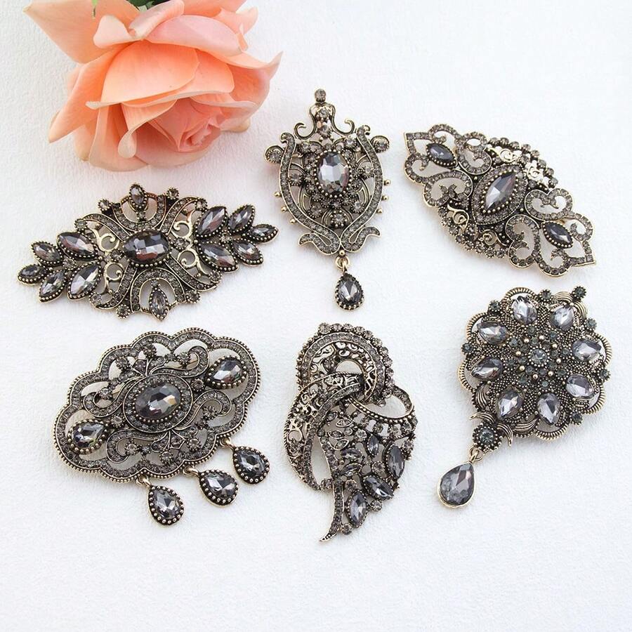 1pc Vintage Grey Rhinestone Turkish Brooch For Women, Suitable For Muslim Hijab, Collar, Wedding Bride Decoration, Antique Gold Alloy Brooch Jewelry - Turkish Brooch - View 1