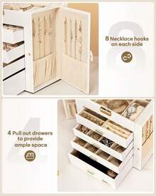 Synthetic Leather Huge Jewelry Box Mirrored Watch Organizer Necklace Ring Earring Storage Lockable Gift Case (White + Gold) - White + Gold - View 5