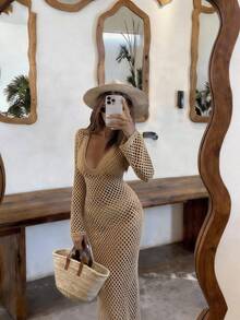 2-In-1 Styling: Hollow Out Long Sleeve Extra Long Cruise Cover Up & Solid U-Neck Flare Knit Dress; Sexy European Style Crochet Bikini Beach Outfit, Suitable For Spring, Summer, Autumn And Winter - Khaki - View 1