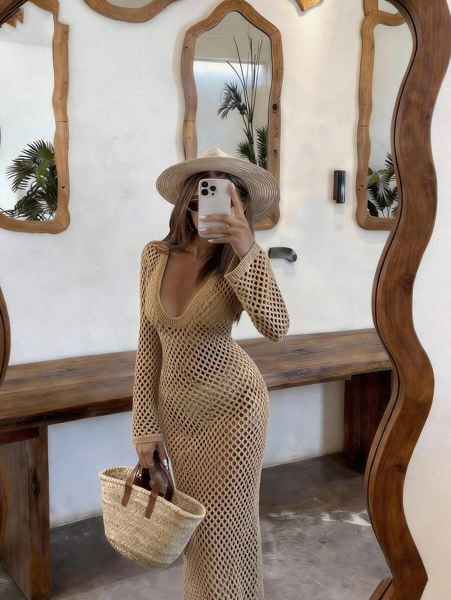 2-In-1 Styling: Hollow Out Long Sleeve Extra Long Cruise Cover Up & Solid U-Neck Flare Knit Dress; Sexy European Style Crochet Bikini Beach Outfit, Suitable For Spring, Summer, Autumn And Winter - Khaki - View 1