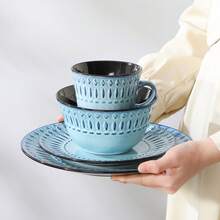 vancasso 16-Piece Set Of Blue Relief Diamond Vertical Point Lace Ceramic Dinnerware Set For 4 People