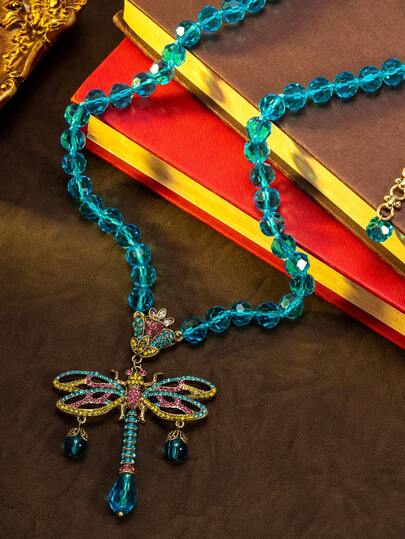 1件复古蓝色蜻蜓设计项链，女士多层串珠昆虫吊坠项链，优雅奢华宫廷风格珠宝礼物，适合日常、派对、宴会和节日庆典佩戴。