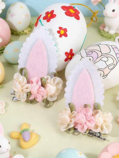 2pcs Easter Hair Clips, Elegant Flower & Bunny Ear Decor Hair Clips, Fashionable Alligator Clips, Suitable Easter Party Gift For Girls