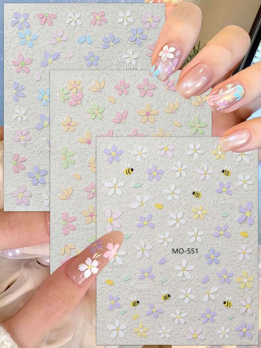 3/6 Sheets 5D Embroidery Flower Nail Stickers Pastel Daisy Bee Nail Art Decals For Spring Summer DIY Manicure - Multicolor - View 1