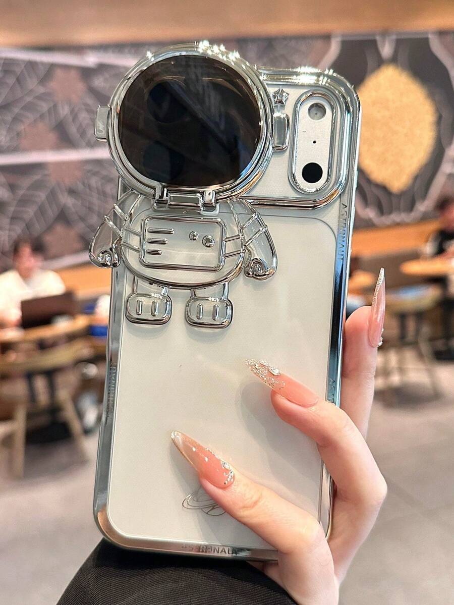 1pc Cute Cartoon Astronaut Glitter Case For IPhone 17 Pro Max 14 13 12 15 16 Pro Max Bracket Gradient Plating Stand Transparent Cover - Silver - View 1