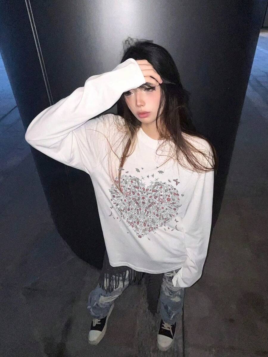 1件装女士休闲宽松蝴蝶爱心印花T恤，学院风圆领上衣，2026春季新款 - 白色 - 查看 1