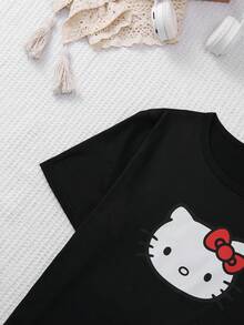 Bộ đồ ngủ Hello Kitty 2 mảnh mùa xuân/hè mới, áo và quần short tay ngắn, kiểu dáng thoải mái, dễ thương, in hình KT, bộ đồ mặc nhà thanh lịch. - màu đen - Xem 4