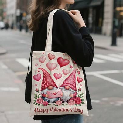 情人节快乐印花双面帆布手提袋，情侣主题学院风便携帆布收纳袋，休闲旅行沙滩包，波西米亚风设计包，购物袋，适合居家、通勤、度假、上学和送礼，16 英寸 * 14 英寸