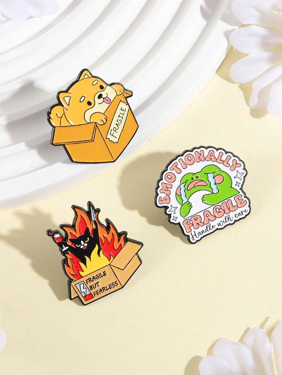 1Set Fragile, Handle With Care Enamel Pins Dog Cat Frog Brooches Lapel Badges Cartoon Emotionally Animal Jewelry Gift For Friends