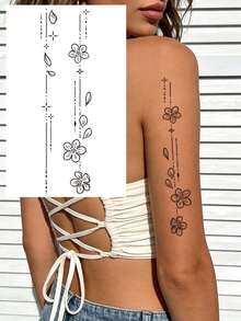 黑色条纹脊椎纹身贴纸，饰以简约星形元素、几何线条、日月星辰和莲花图案。临时纹身贴纸，适合DIY嘉年华、情人节、派对节日礼物，可贴于脊椎、胸部、腰部和腹部。防水纹身贴纸。 - 黑色 - 查看 7