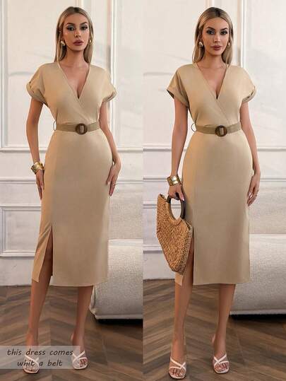 Women's New Solid Color Elegant Conservative Casual Dress, Slit Waist Belt Criss-Cross, Suitable For Office, Commute, Casual, Home, Vacation