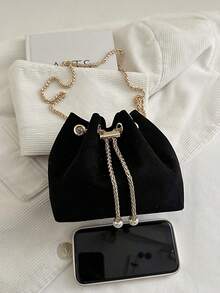 1pc Fashionable Solid Color Chain Strap Mini Bucket Shoulder Crossbody Bag - Black - View 1