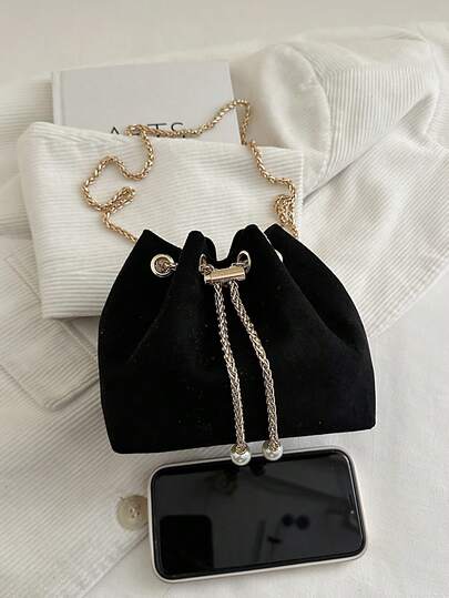 1pc Fashionable Solid Color Chain Strap Mini Bucket Shoulder Crossbody Bag