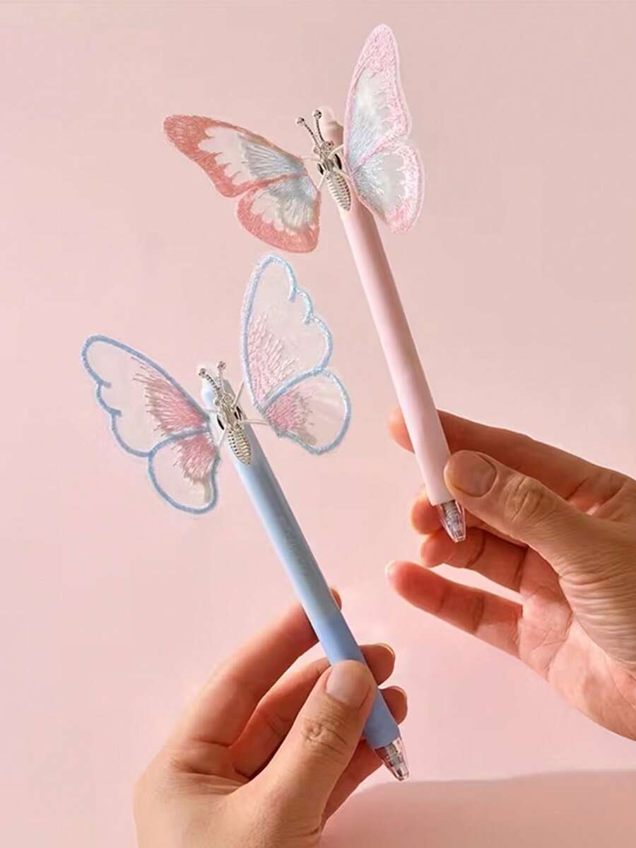 1pc Random Creative Butterfly Push-Button Erasable Pen, 0.5mm Blue Ballpoint Pen - Round - View 1