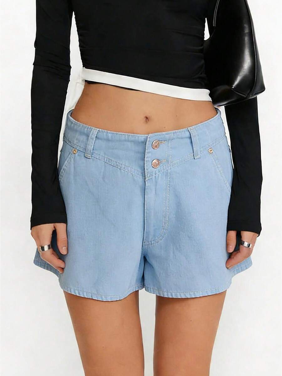 Women Loose Fit Denim Shorts Elegant Double Button Closure Summer Mini Shorts For Beach Daily Wear - Màu xanh nhạt - Xem 1