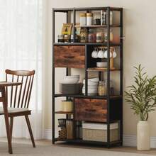 Storage Shelf, 2 Fabric Drawers, 9 Open Compartments, Freestanding Shelf With Steel Frame, Brown And Black - 1PC - View 2