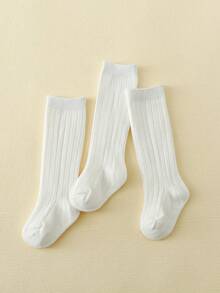 3双装女童竖条纹过膝袜，白色百搭优雅女士休闲中筒袜，四季皆宜 - 彩色 - 查看 1
