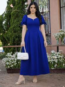 Long Striped Dress With Puff Sleeves And Modern Bow. Perfect For Parties, Modest Christian Fashion, New Year's Eve, Christmas, New Year's Celebrations. - Xanh đậm - Xem 1