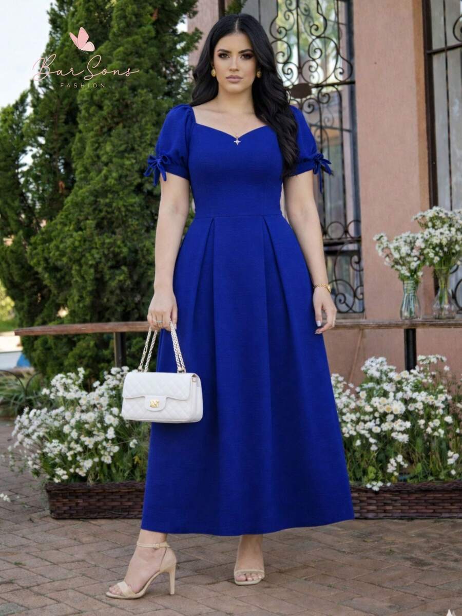 Long Striped Dress With Puff Sleeves And Modern Bow. Perfect For Parties, Modest Christian Fashion, New Year's Eve, Christmas, New Year's Celebrations. - Xanh đậm - Xem 1