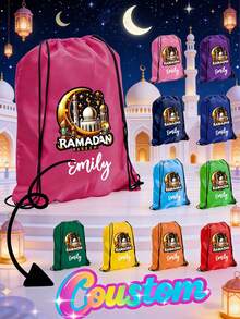 Customizable Ramadan Gift Bag, Personalized Drawstring Storage Bag, Can Print Name, Eid Mubarak Gift Bag With Golden Crescent Design, Personalized Eid Gift Bag, Lightweight And Foldable, Fashionable Multifunctional, DIY Ramadan Bag/Taraweeh Prayer Bag/Ramadan Gift/Ramadan Gift/Ramadan Giveaway/Islamic Gift/Ramadan Tote Bag, Holiday Gift Bag - Multicolor - View 8