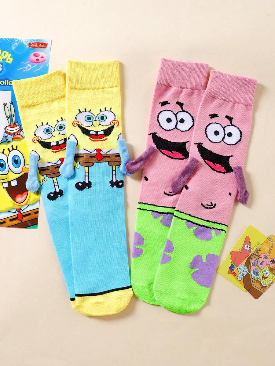 SpongeBob SquarePants 半双装可爱卡通联名磁性牵手海星图案中筒袜,透气吸湿,独特百搭,适合约会和日常穿着 - 彩色 - 查看 1