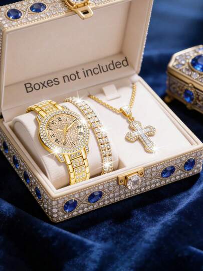 一套女士时尚魅力石英手表及首饰套装，金色圆形表盘手表搭配镶钻手链和项链，适合日常佩戴、生日礼物、派对、节日聚会，是送给自己或朋友的理想礼物。不含包装盒。