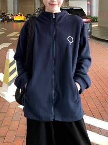 女士蓬松羊羔绒外套，立领拉链卫衣，秋冬款 - 藏蓝色 - 查看 1