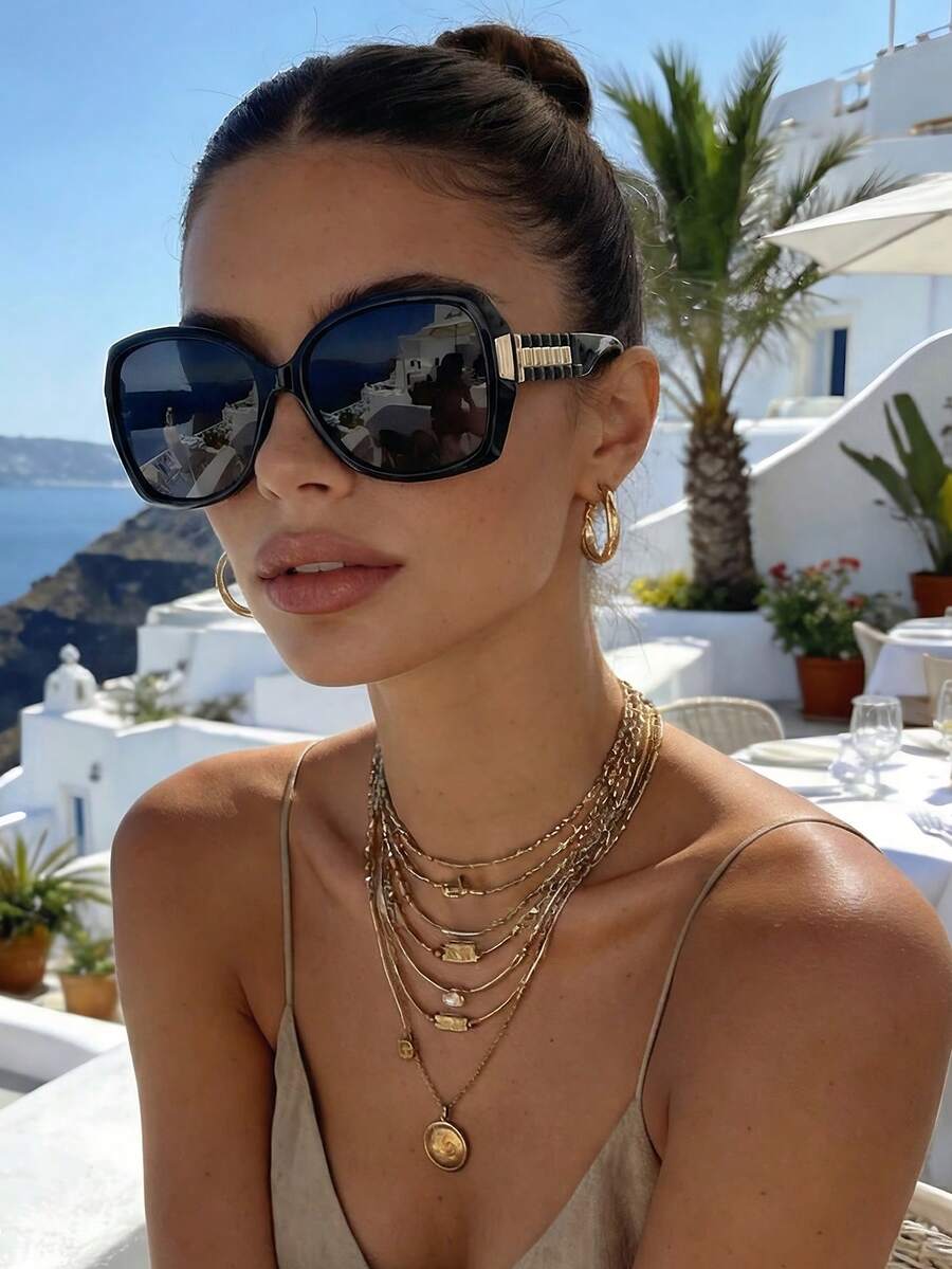 Black Elegant Casual Oversized Square Fashion Sunglasses, Classic Plastic Frame Suitable For Big Face, Summer Vacation Essential Retro Sunglasses For Beach, Travel, Driving, Daily Wear - Black - View 1