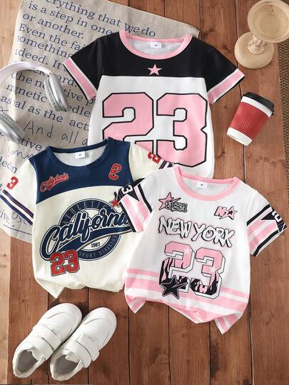 3 piezas Camiseta de manga corta de punto suave y cómoda con estampado de letra inglesa "23", numeral y rayas de estrella para niñas pequeñas, adecuada para uso al aire libre, primavera/verano