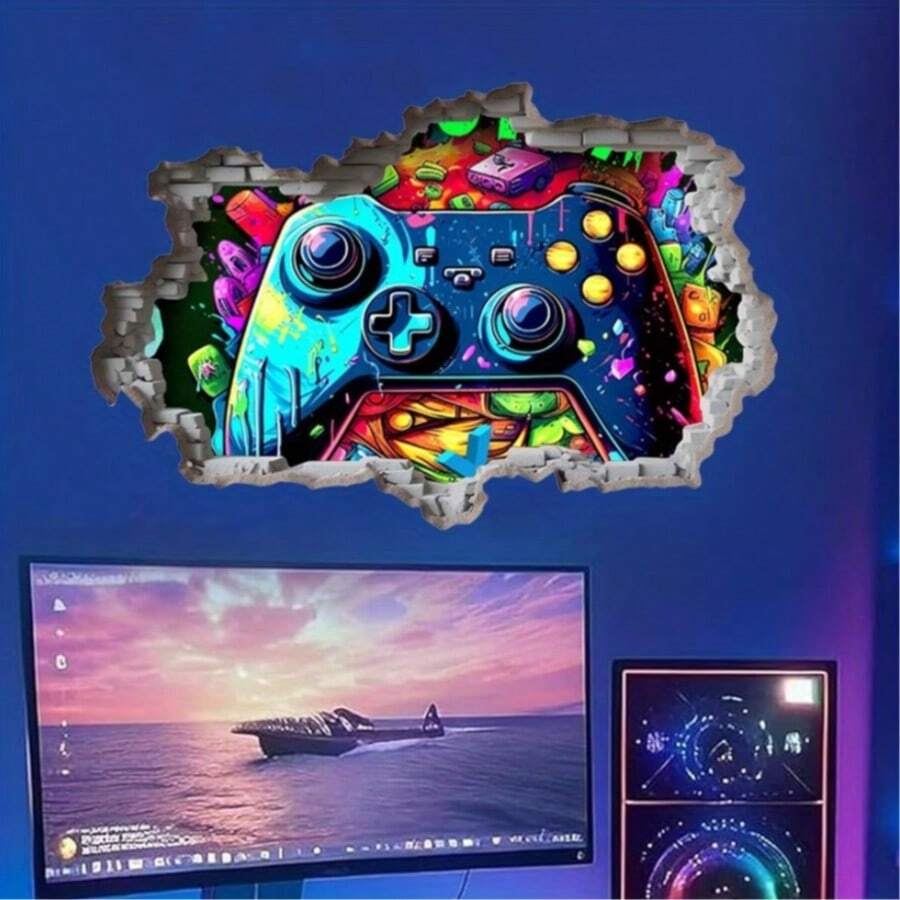 1pc Wall-Breaking Effect Gaming Controller Wall Decal, Removable Self-Adhesive PVC Waterproof Sticker, Suitable For Teen Boys' Bedrooms And Game Rooms. - Game Console Wall Stickers - View 1