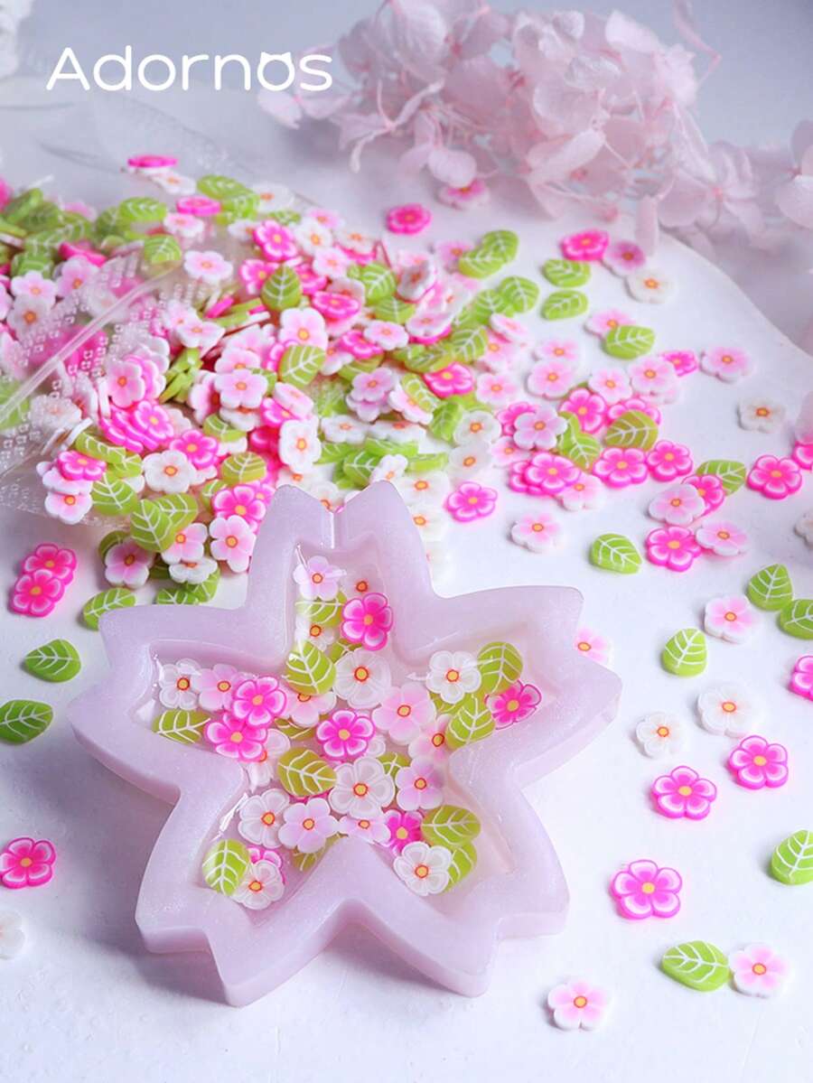 10g/Bag Cute Flowers Polymer Clay Slices Mixed Cherry Blossom Leaf Pink Green Slime Flake Epoxy Resin Mold Filling Spring Summer DIY Pendant Crafts Making - Multicolor - View 1