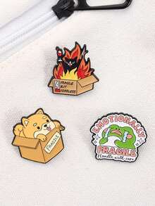 1Set Fragile, Handle With Care Enamel Pins Dog Cat Frog Brooches Lapel Badges Cartoon Emotionally Animal Jewelry Gift For Friends - Multicolor - View 9