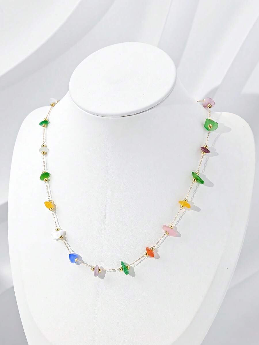 1 chiếc vòng cổ thủ công bất đối xứng với các hạt đá nhiều màu sắc và số lượng khác nhau. - Đầy màu sắc - Xem 1
