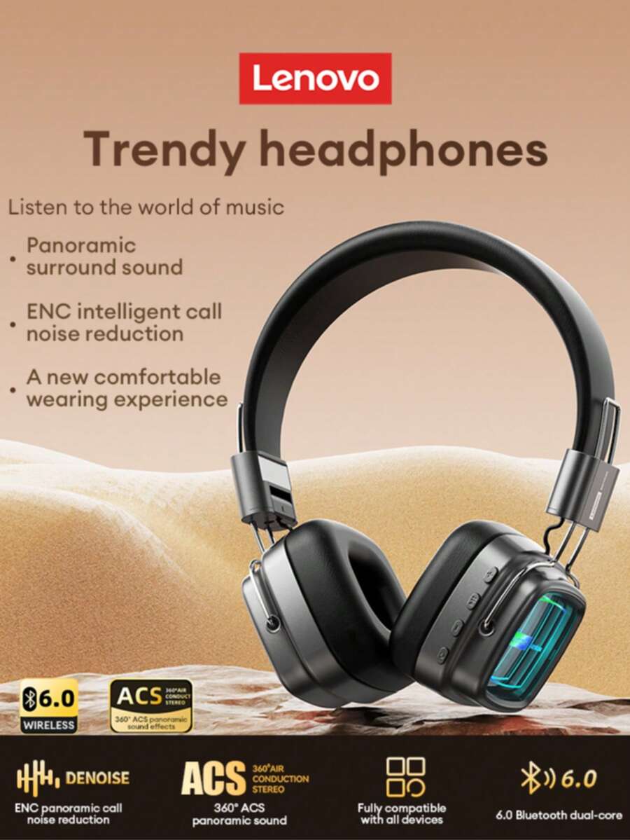 Lenovo 联想 LS117 复古蓝牙 6.0 无线耳机，3D 环绕立体声，高品质音频，超长续航，ENC 主动降噪，游戏、音乐、智能手机和电脑适用，舒适佩戴，礼品 - 黑色 - 查看 1