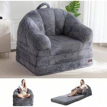 MAXYOYO Folding Sofa Bed, 2 In 1 Convertible Sofa To Lounger Comfy Single Bean Bag Chair For Adults, Floor Sleeper Couch With Handle, Faux Fur Couch Bed For Living Room Bedroom, Beige - 灰色 - 查看 1