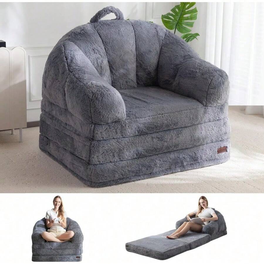 MAXYOYO Folding Sofa Bed, 2 In 1 Convertible Sofa To Lounger Comfy Single Bean Bag Chair For Adults, Floor Sleeper Couch With Handle, Faux Fur Couch Bed For Living Room Bedroom, Beige - 灰色 - 查看 1