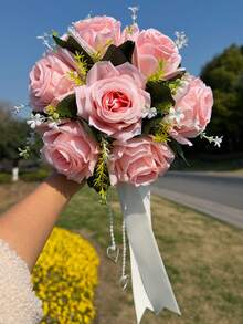 Bó hoa cưới cho cô dâu, hoa cưới màu trắng cho cô dâu và phù dâu với ruy băng lụa và đá quý, hoa hồng nhân tạo để tung trong lễ cưới. - Nhiều màu - Xem 9