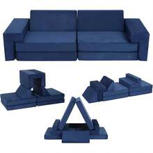 Sofá modular para niños, sofá para niños, 8 piezas, sofá de pepitas para niños, sofá convertible de espuma para niños y niñas, sofá para sala de juegos - Azul Marino - Ver 8