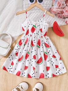 Young Girls Watermelon Fruit Print Sleeveless Casual Dress, Vacation Style, Spring/Summer - White - View 2