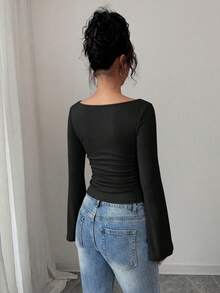 Women's Spring Fall Long Sleeve Shirts Crop Going Out Tops Casual Boat Neck Bell Sleeve Ribbed Ruched Y2K Clothes - Black - View 3