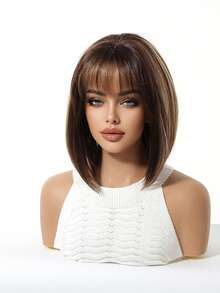 女士短款黑色棕色合成自然发假发，波波头直发带刘海，耐高温，日常、角色扮演、派对假发 - 間色 - 查看 4