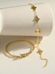 Juego de pulsera y brazalete dorado, diseño minimalista elegante, adecuado para citas, reuniones, regalos de fiesta - oro - Ver 2