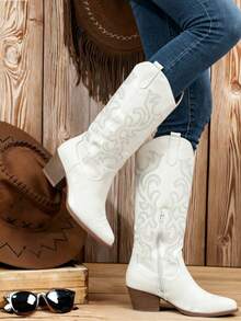 Women's Cowboy Boots, High-Top Western Cowboy Boots, Embroidered Women's Boots, Leather Boots, Vintage Western Boots, Pointed High-Heeled Women's Boots, Cowboy-Style Embroidered Boots, Mid-Heeled Cowboy Boots, Fashionable Western-Style Boots, Cowhide Embroidered Boots - 白色加厚 - 查看 9