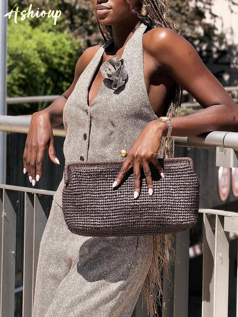 女士手工编织草编沙滩包，波西米亚风时尚手提包，拉菲草编织信封包，女士单肩包 - 彩色 - 查看 1