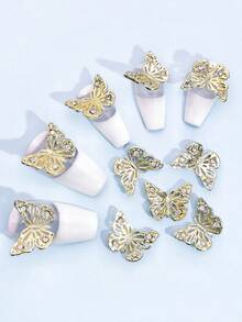 10pcs Gold & Silver 3D Metal Butterfly Nail Art Decorations, Rhinestone Butterfly Nail Jewelry, Suitable For Women Nails Nail Supplies - Multicolor - View 7