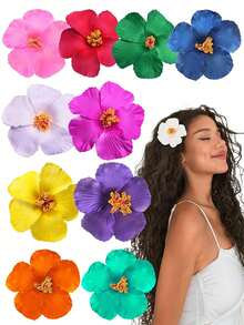 10pcs Hawaiian Flower Hair Clips, Women's Hibiscus & Lotus Flower Hair Clips, Artificial Flower Hair Clips, Suitable For Vacation, Beach, Party, Bohemian Style Fabric Hair Clips Set, Elegant Solid Color Flower Hair Clips, Lotus Flower Hair Accessories, Hair Claws, Hair Clips, Head Accessories, Hairpin - Multicolor - View 9