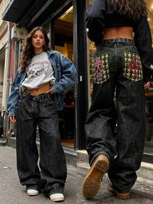 Women Y2K 90S Hip Hop Baggy Jeans Gothic Skull Embroidered Boyfriend Wide Leg Denim Pants Mid-Low Rise Loose Streetwear Outfits - 黑色 - 查看 4