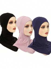 3件套女士时尚纯色组合套装，弹性下巴罩，方便的头巾，围巾，头饰，长袍，适合日常穿着 - 3pcs/set(黑+粉+藏青) - 查看 2
