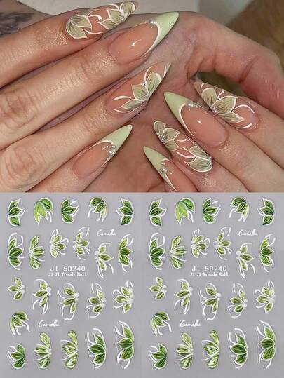 Green Flowers Leavers Nail Stickers 5D Ins Style Green Plant Y2k Nail Decorations Camellia Nail Decorations High-Quality Self-Adhesive Nail Stickers DIY Nail Salon Supplies